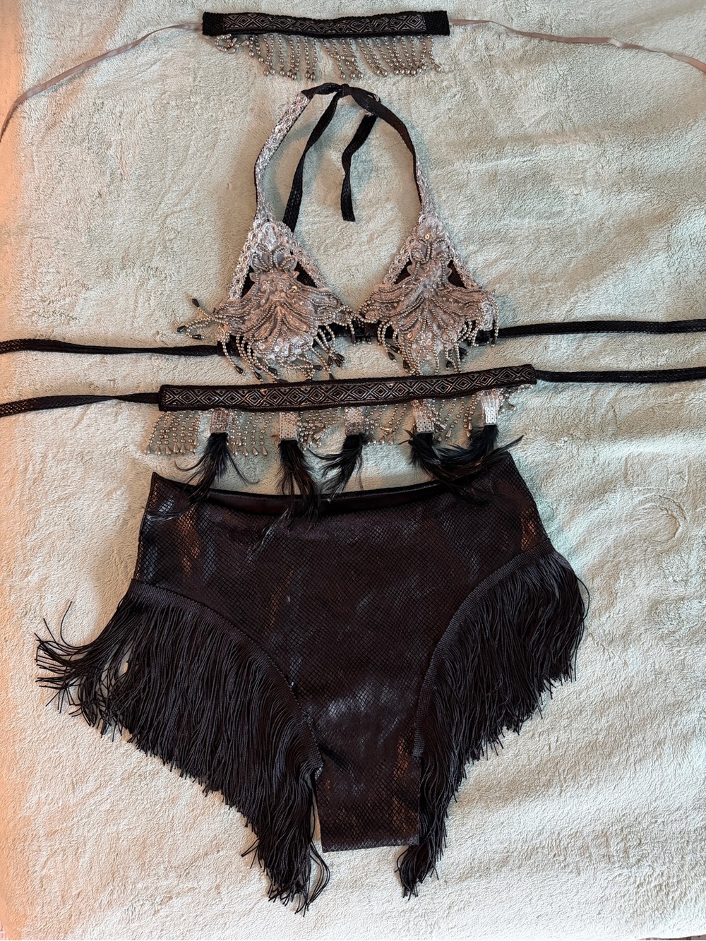 Embellished Fringe Two-Piece Intimate Set - Black & Silver